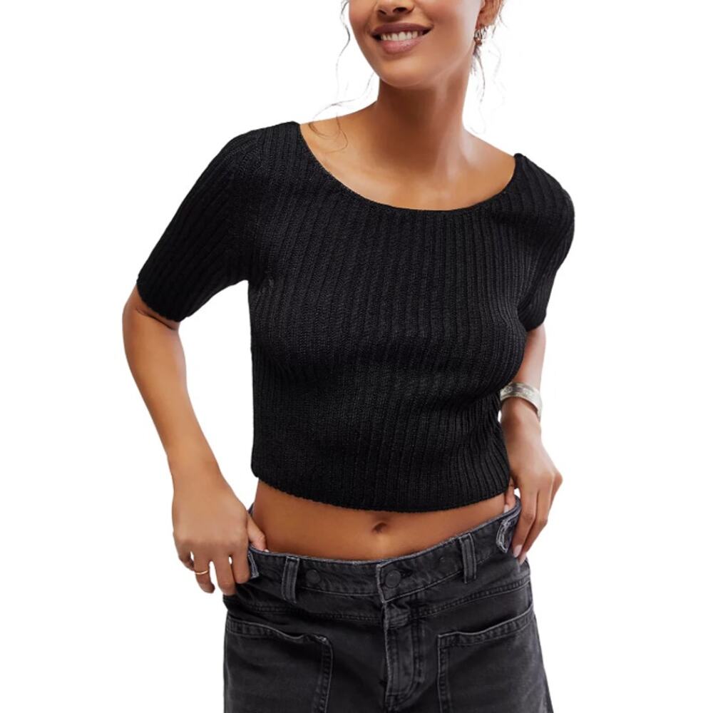 FREE PEOPLE TOP WOMENS XSMALL SAN LUCAS STRETCH KNIT CROP PULLOVER SWEATER BLACK